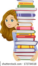 Illustration of a Girl Carrying a Tall Stack of Books