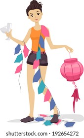 Illustration of a Girl Carrying Various Party Decorations