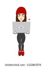 Illustration girl cartoony character with laptop
