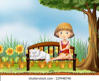 Illustration of a girl with a cat in the garden