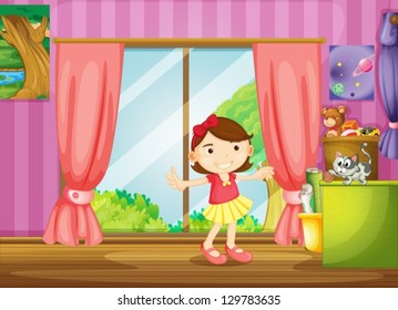 Illustration of a girl and a cat inside the house