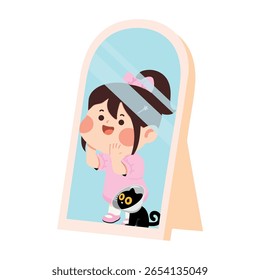 Illustration of Girl with Cat in Mirror flat