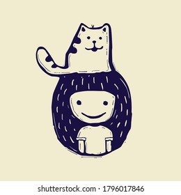 Illustration of a girl with a cat on . Vector graphics for printing t-shirts and other purposes.