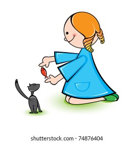 Illustration of girl with cat on a white background