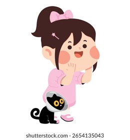 Illustration of Girl with Cat Wearing Cone Kid