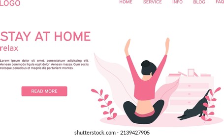 Illustration of a girl with a cat who are doing meditation while sitting at home
