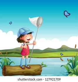 Illustration of a girl catching butterfly and a river