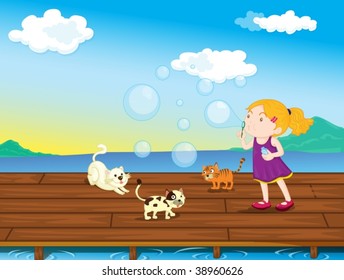 illustration of girl with cats