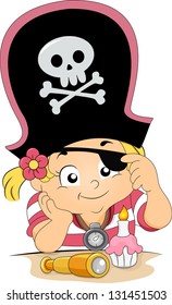 Illustration of a Girl celebrating his birthday wearing a Pirate Hat and Eyepatch