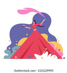 Illustration of a girl celebrating Holi by dancing in splash of colours