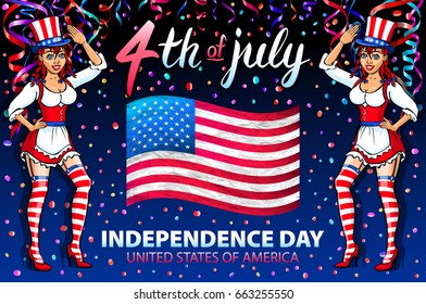 illustration of a girl celebrating Independence Day Vector Poster. 4th of July Lettering. American Red Flag on Blue Background with confetti art
