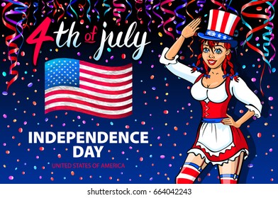 illustration of a girl celebrating Independence Day Vector Poster. 4th of July Lettering. American Red Flag on Blue Background with Stars confetti art