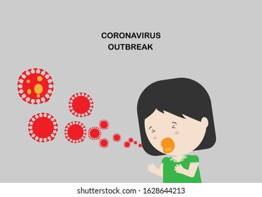 Illustration Of A Girl Character Wearing Green Shirt Coughing And Spreading Wuhan Coronavirus 2019 Airborne Particles. Vector Illustration.