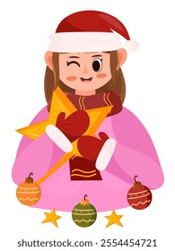 Illustration of a girl character in a winter costume holding a Christmas star on her chest