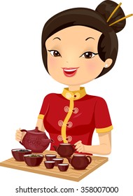 Illustration of a Girl in a Cheongsam Preparing Tea