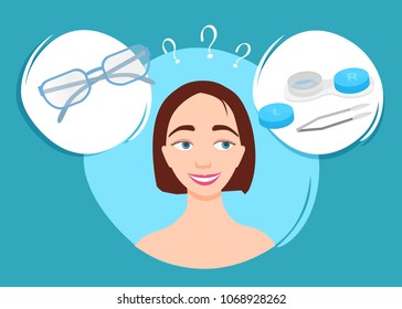Illustration of a girl choosing between glasses and contact lenses