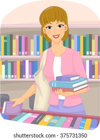Illustration of a Girl Choosing Books at a Book Store