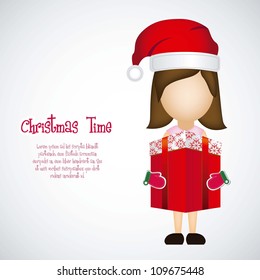 illustration of a girl  with Christmas hat and gift, vector illustration