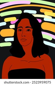 Illustration of a girl in the city lights.Girl silhouette in a dark city with neon lights.Linear portrait of a girl on a bright background