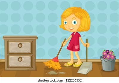 Illustration Of A Girl Cleaning A Room