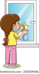 Illustration of a Girl Cleaning the Window with a Spray Bottle