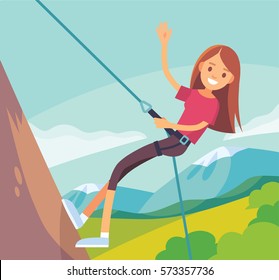 Illustration with girl climbing and beautiful landscape
