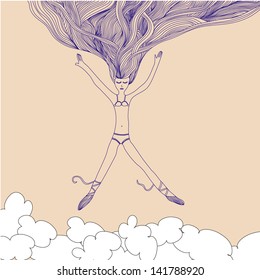 Illustration with girl in clouds