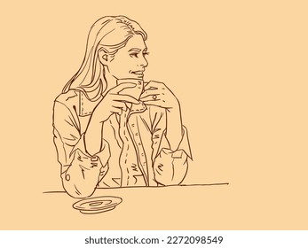 Illustration of a girl with coffee cup vector for card, decoration, illustration