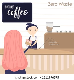 Illustration with girl in coffee house and barista. Attributes of zero waste lifestyle 