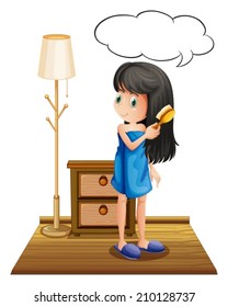 Illustration of a girl combing her hair with an empty callout on a white background