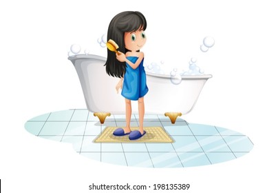 Illustration of a girl combing her long black hair on a white background