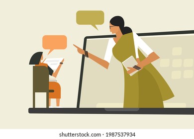 Illustration of a girl communicating with a teacher through online medium using laptop computer