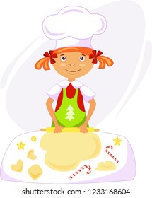 illustration of a girl cook with dough making christmas cookies
