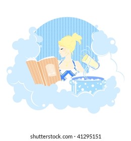 illustration of a girl cooking pasta