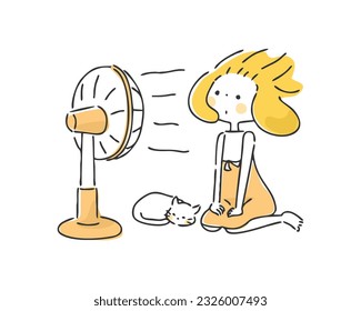 Illustration of a girl cooling off with an electric fan.