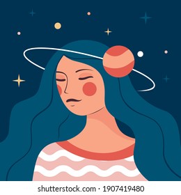 Illustration of a girl in the cosmos. Orbit around the head with the planet. A girl in peace and harmony.