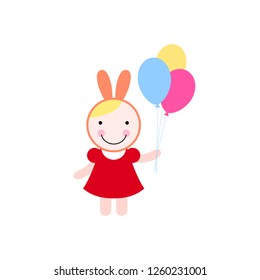 Illustration of a girl in costume of bunny with colorful balloons