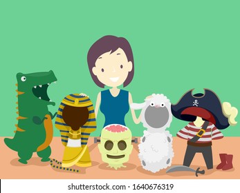 Illustration of a Girl Costume Maker Presenting Kids Costumes of Tyrannosaurus Rex, Pharaohs, Frankenstein, Sheep and Pirate with Tricorn Hat, Boots and Sword on the Table