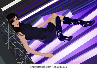 Illustration, girl crouching relax on the glowing stage 