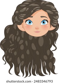 Illustration of a girl with curly hair and blue eyes