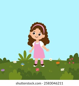 Illustration of Girl with Curly Hair Dressed in Pink Overalls