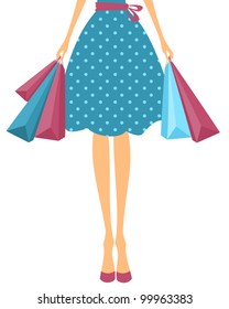 Illustration of a girl in cute polka dot dress holding shopping bags.