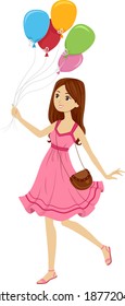Illustration of a Girl in a Cute Sunday Dress Holding on to a Group of Balloons Tied Together