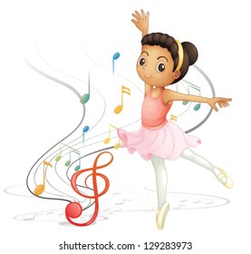 Illustration of a girl dancing with musical notes on a white background