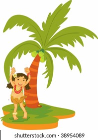 ilustración de una niña, bailando bajo el árbol