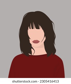 Illustration of a girl with dark hair in a bright sweater. Girl with medium long hair and bangs. Design for avatars, posters, backgrounds, templates, banners, textiles, postcards.