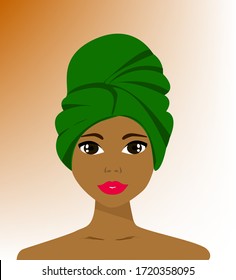 illustration of a girl with dark skin, brown eyes, in a green turban, with pink lips, on a white-orange background