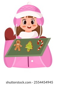 Illustration of girl decorating gingerbread cookies and Christmas cookies, clipart of cute activities in winter