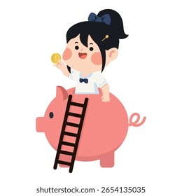 Illustration of Girl Depositing Coin in Piggybank