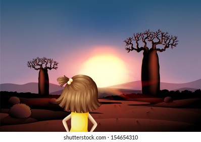 Illustration of a girl at the desert watching the sunrise